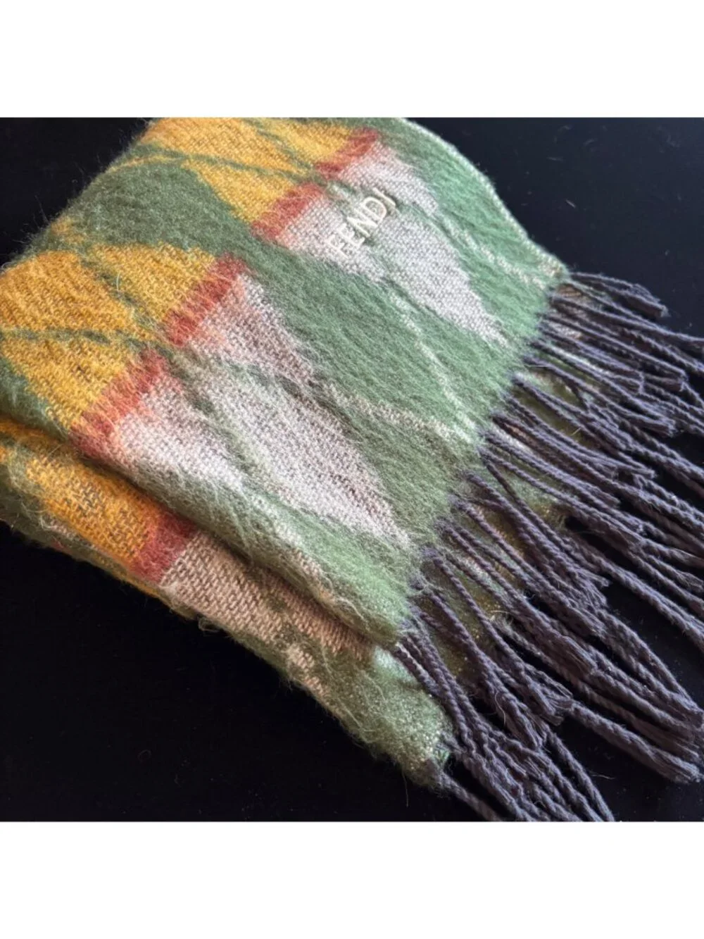 Vintage Scarf Fendi Italy Wool Green Yellow Argyle Plaid Designer Fringe Warm